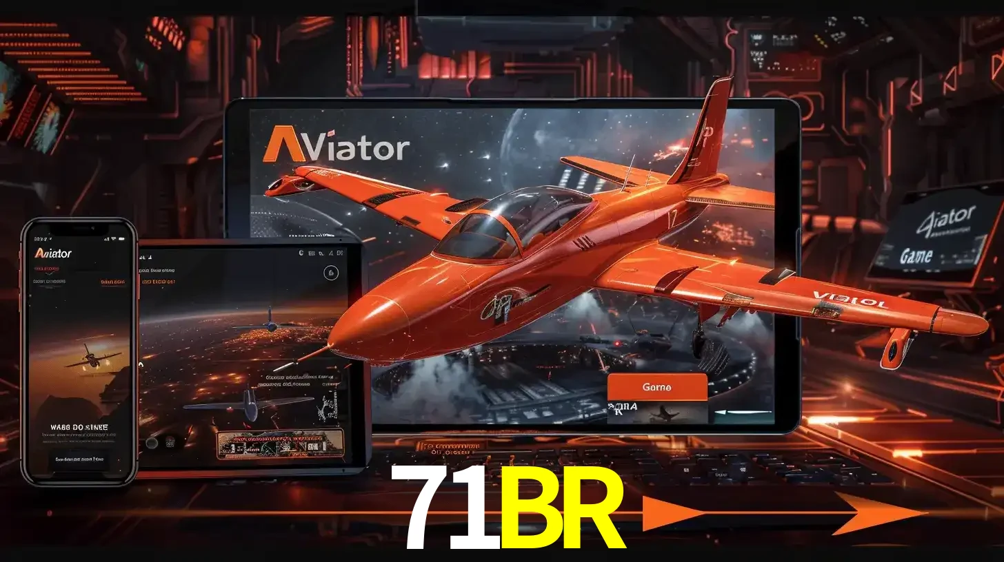 Apresentação tecnológica do jogo Aviator com um avião saindo da tela de um tablet, demonstrando a experiência imersiva em múltiplos dispositivos no 71BR.