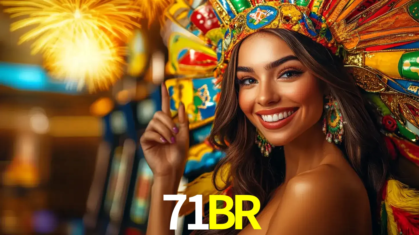 Mulher sorridente com um cocar de carnaval vibrante e colorido, celebrando uma grande vitória nos jogos do cassino 71BR com fogos de artifício ao fundo.