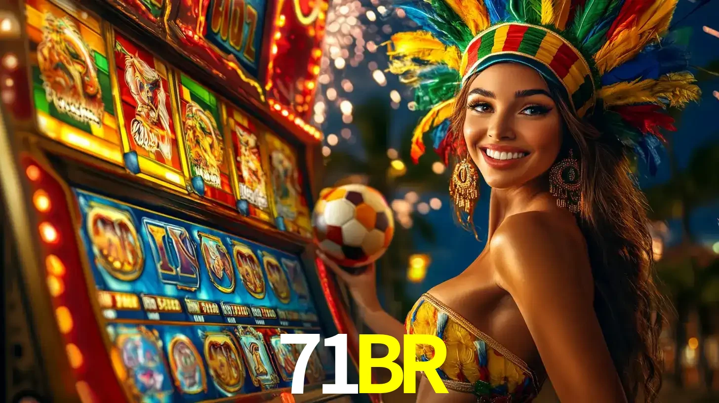 Mulher com um cocar de carnaval ao lado de uma máquina de caça-níqueis enquanto segura uma bola de futebol, mostrando a união da diversão de cassino e esportes no 71BR.