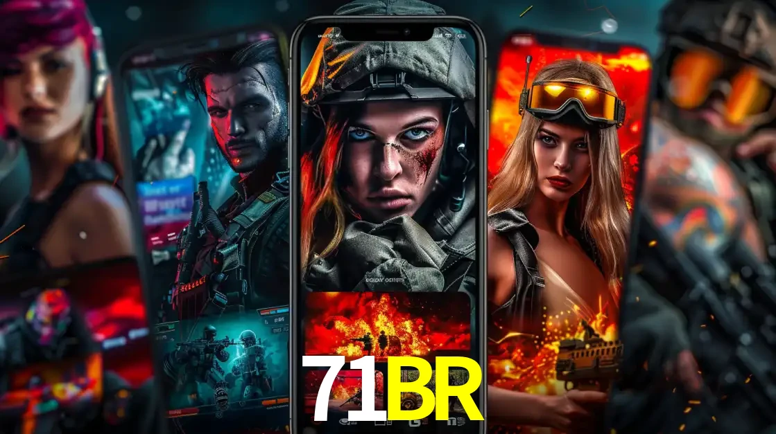 Montagem de telas de celular mostrando diversos personagens, masculinos e femininos, de um jogo de tiro, ilustrando a diversidade de equipes de e-sports para apostar no 71BR.