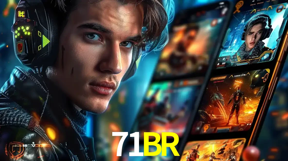 Jovem jogador com fones de ouvido olhando para a câmera, com um aplicativo de jogos e e-sports para celular ao fundo, pronto para a competição e apostas no 71BR.