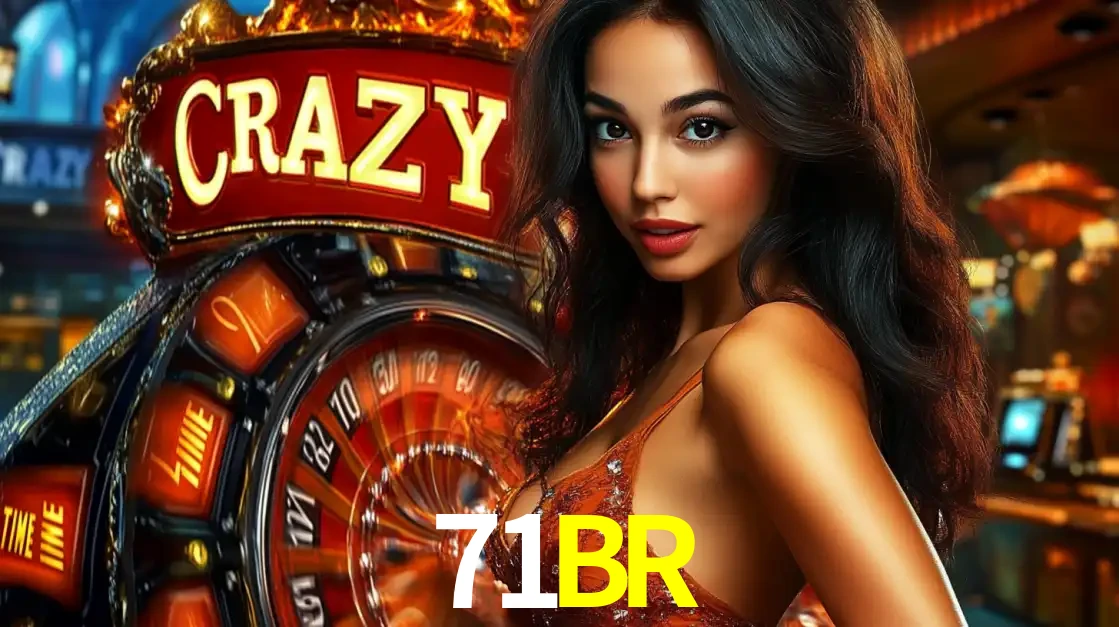 Mulher glamourosa olhando para a câmera com a roda vermelha do Crazy Time ao fundo em um ambiente de cassino, destacando a emoção dos jogos ao vivo no 71BR.