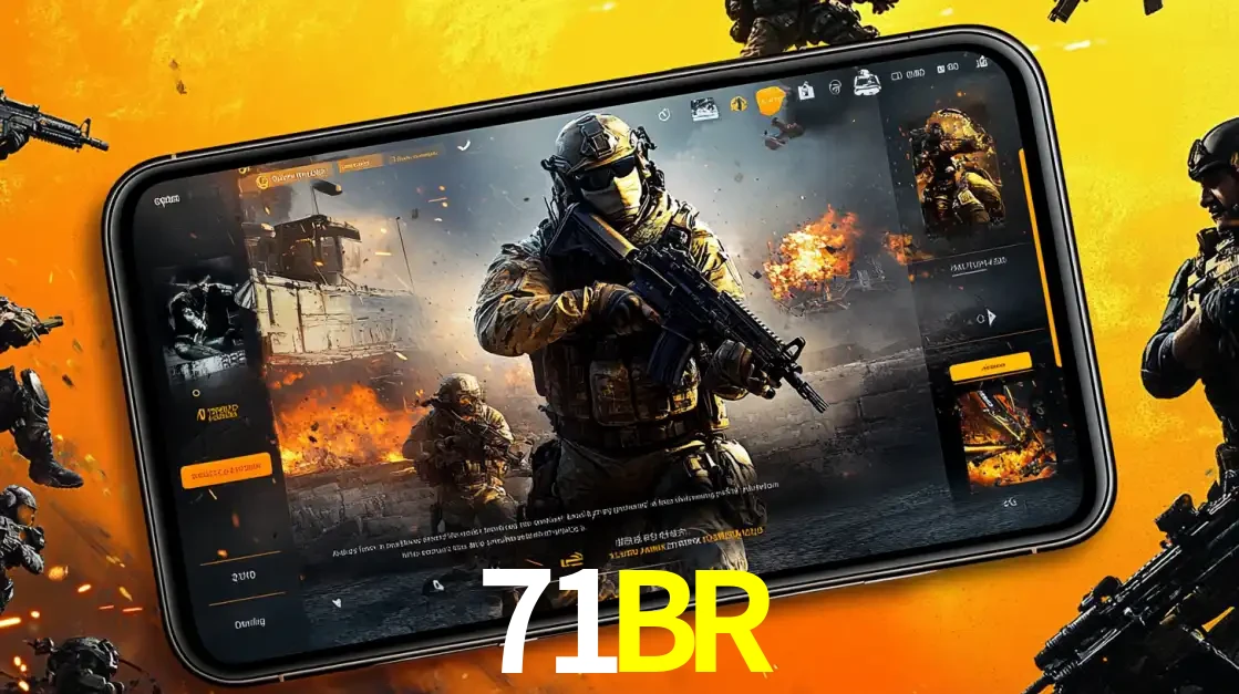 Um smartphone exibindo a interface de um jogo de tiro em primeira pessoa, com um soldado em um cenário de batalha, representando a ação dos e-sports para apostar no 71BR.