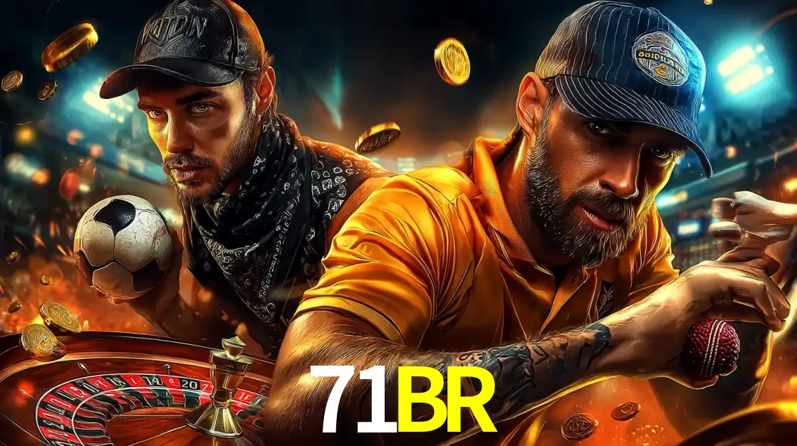 Montagem de apostas esportivas e cassino no 71BR, com um homem segurando uma bola de futebol e outro uma de beisebol sobre uma roleta e moedas voadoras.