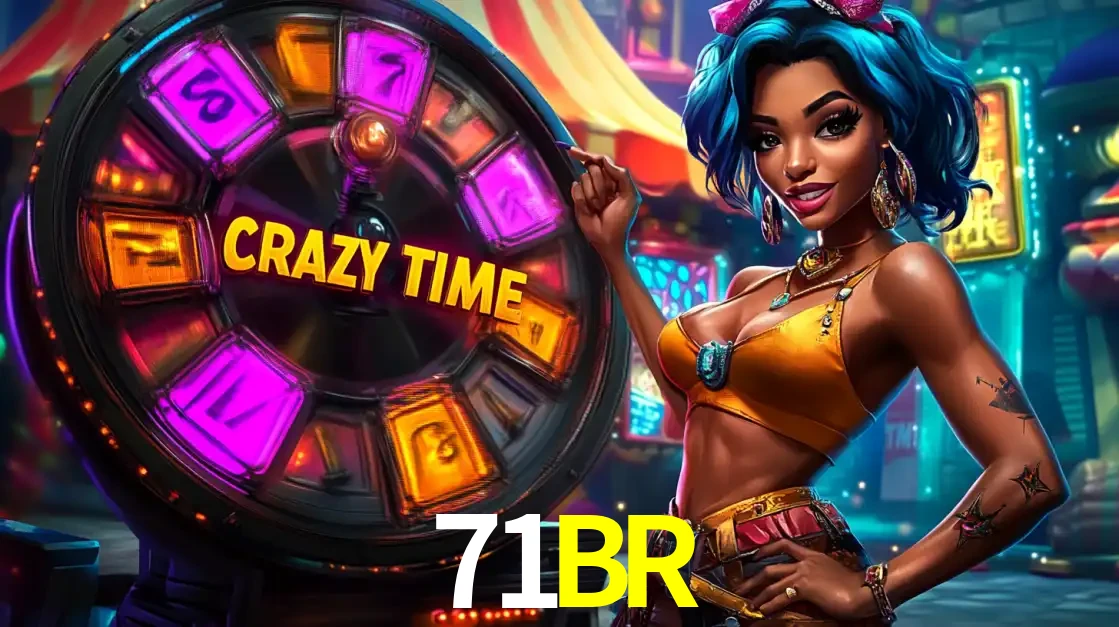 Mulher estilizada com cabelo azul e visual vibrante posando ao lado da roda de prêmios do game show Crazy Time, convidando para a diversão e os bônus do cassino 71BR.