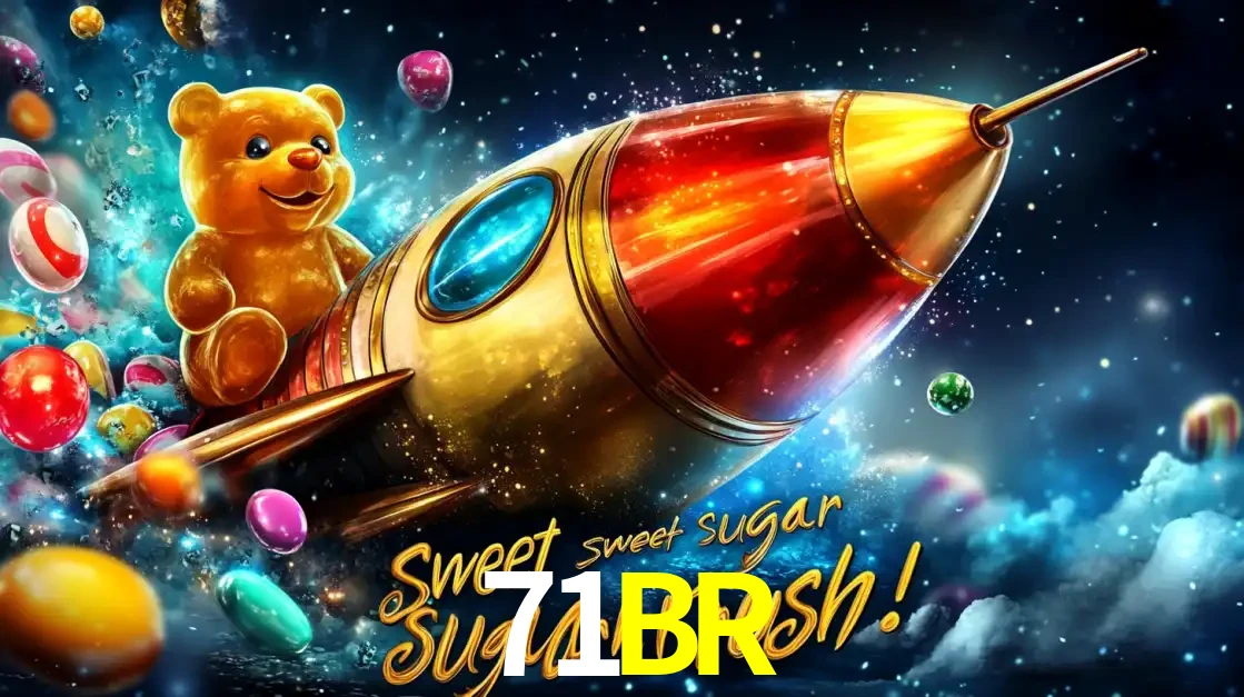 Arte promocional do jogo de slot Sugar Rush, com um urso de pelúcia em um foguete viajando pelo espaço de doces, um dos jogos divertidos disponíveis no cassino 71BR.