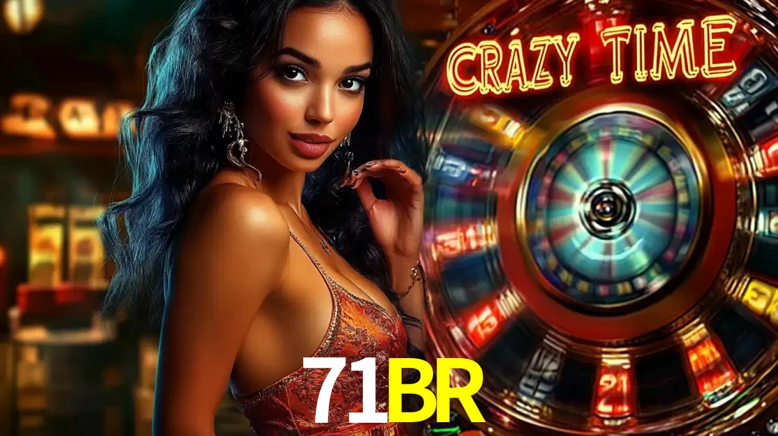 Mulher elegante ao lado da vibrante roda da fortuna do jogo de cassino ao vivo Crazy Time, um dos game shows mais populares e cheios de prêmios do 71BR.