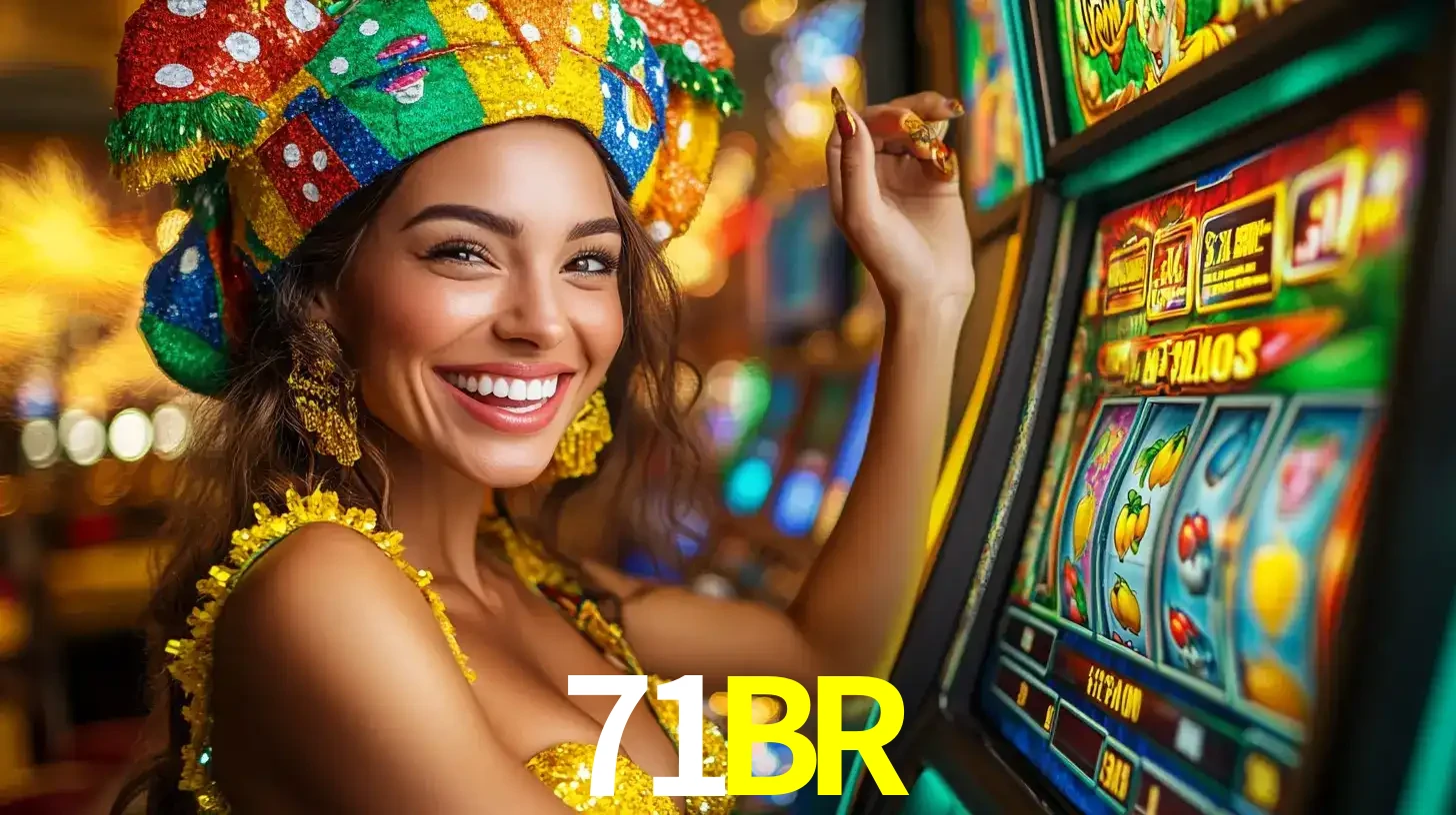 Mulher feliz com traje de carnaval amarelo e colorido ao lado de uma máquina de caça-níqueis, aproveitando a diversão e os jogos temáticos do cassino 71BR.