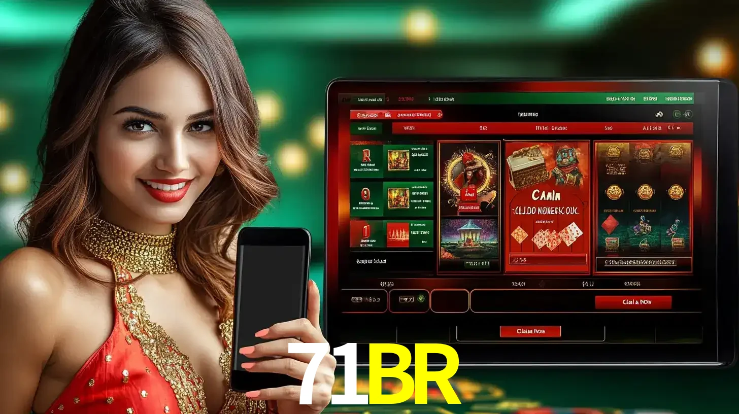 Mulher sorridente segurando um smartphone, ao lado de uma tela exibindo o lobby de jogos do cassino online 71BR, com várias opções de jogos de cartas e slots.